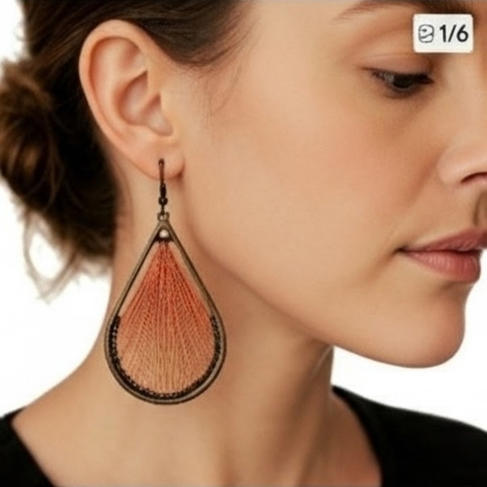 3" Boho Chic Orange and Gold Threaded Tear Drop Earrings Framed In Copper
